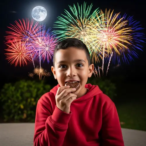 Hispanic Boy Enjoying Heart-Shaped Chocolates | Moonlit Delight