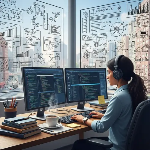 South Asian Female Coder in a Professional Environment | Dual-Monitor Coding Setup