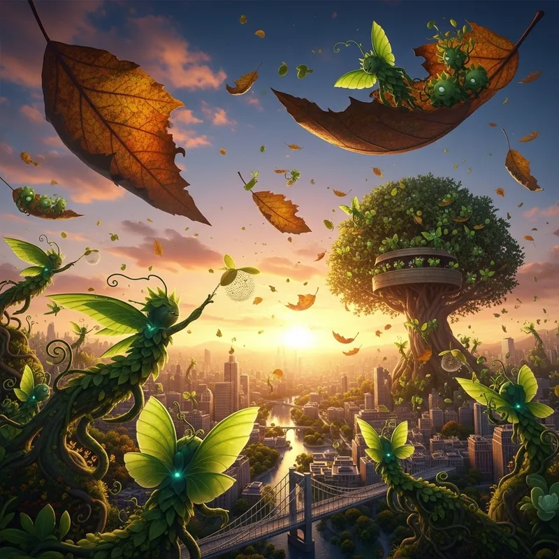 Green Plant Creatures Rescuing the World from Leaf Fall