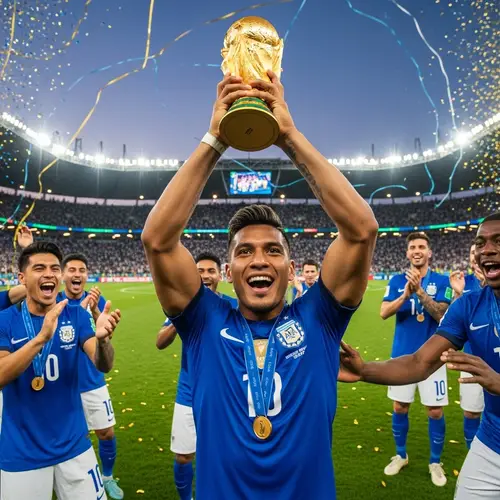 Muscular Soccer Player Lifting World Cup Trophy | Football Field Celebration