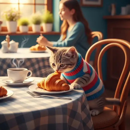 Adorable Kitten in Sweater Enjoying Croissant in Cozy Cafe