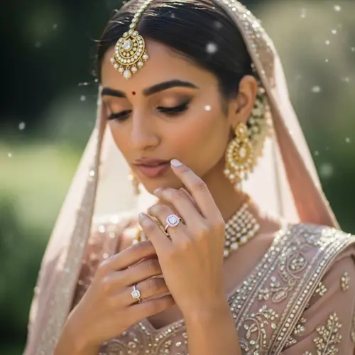 South Asian Bride with Halo Engagement Ring - Ethereal Bridal Beauty