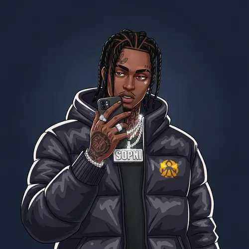 Dark-Skinned Male Character with Tattoos and Braids Holding Phone