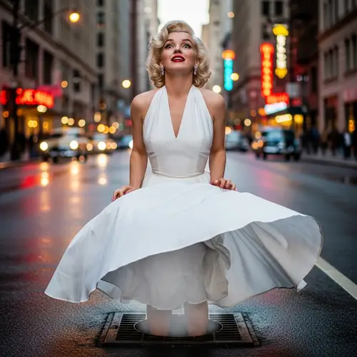 Platinum Blonde Hollywood Actress in White Dress on City Street