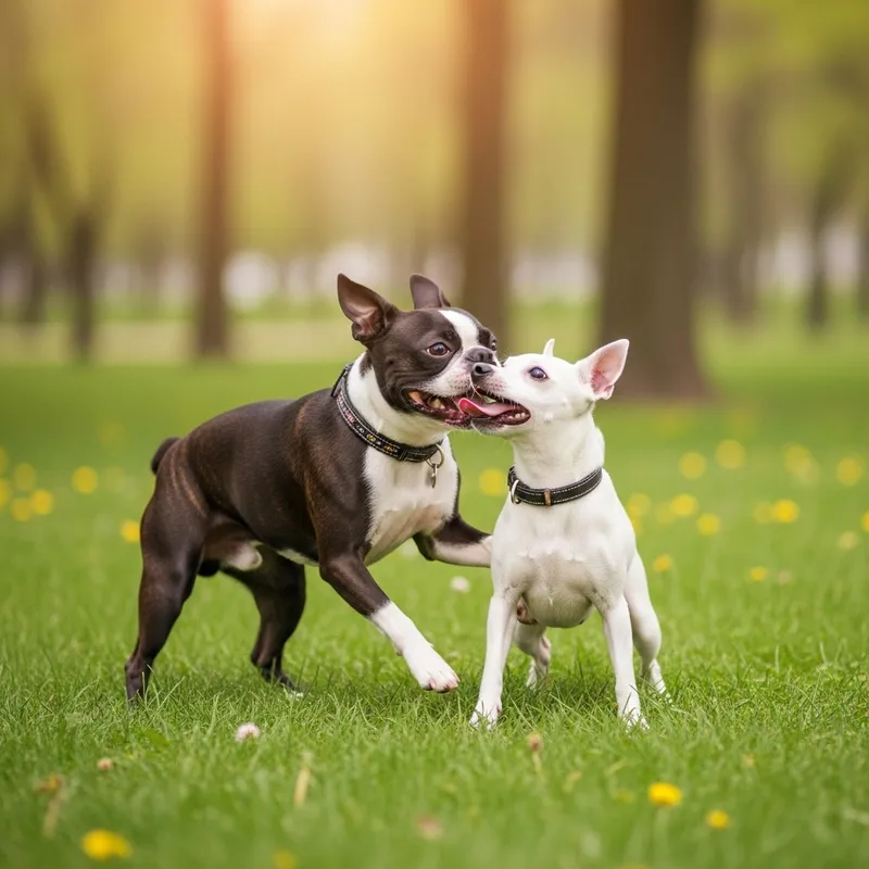 Boston Terrier Playing with White Miniature Pinscher in Grassy Park