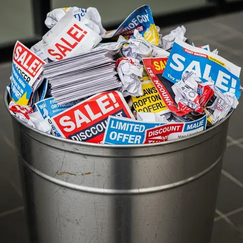 Senseless Waste: Brimming Trash Bin of Discarded Sales Flyers