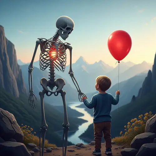 Spectral Skeleton and Boy with Red Balloon Embrace Nature's Beauty
