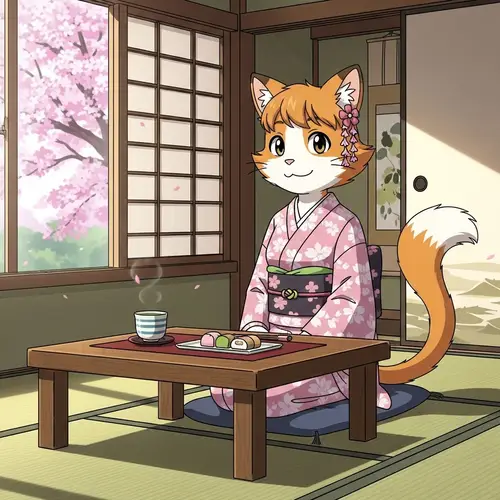 Senko-san: Fluffy Cartoon Character in Cherry Blossom Kimono
