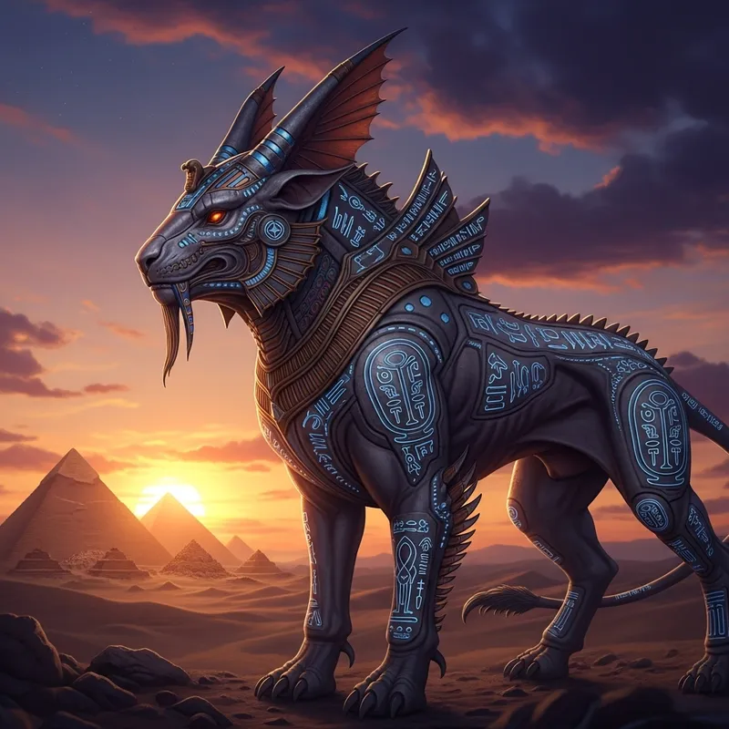 Ancient Egyptian Mythical Creature: Intricate Deity-Beast in Magic Desert