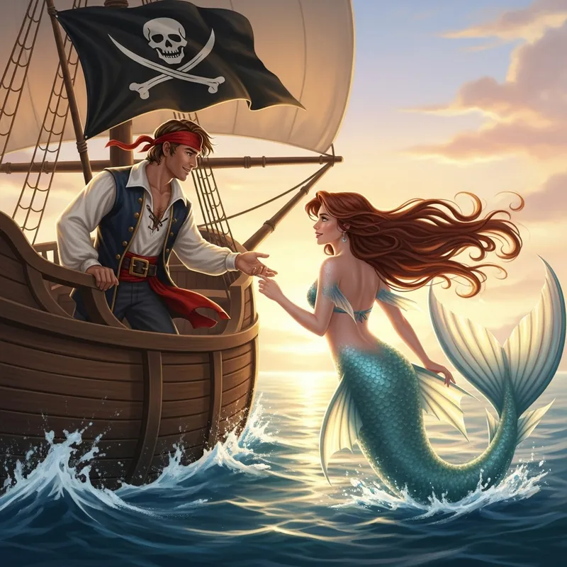 Handsome Pirate & Beautiful Mermaid Sailing Together