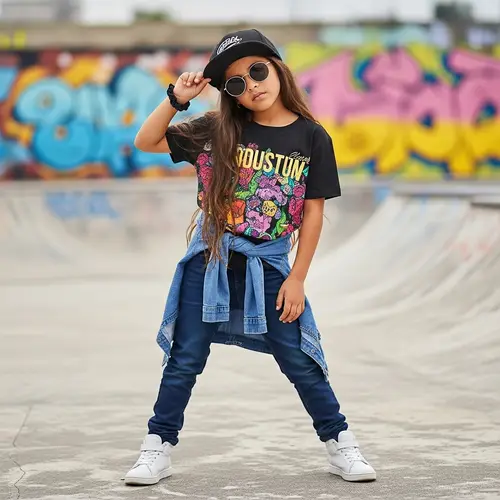 Trendy Hispanic Girl in Urban Skatewear | Street Art Backdrop