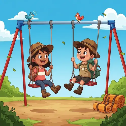 Joyful Children Playing on Swing Set in Camping Attire