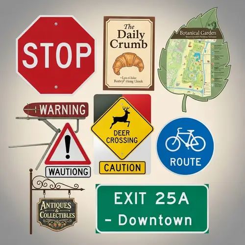 Diverse Signages: Road Signs, Store Signs, Informative Signboards