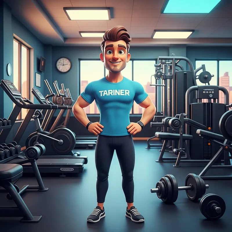 Vibrant Cartoon Fitness Trainer in 3D Gym Illustration