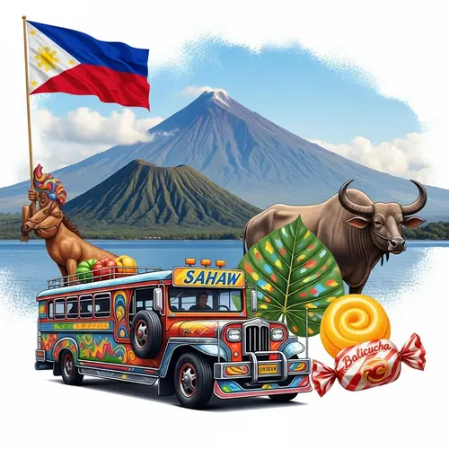 Philippine Culture: Jeepney, Anahaw Leaf, Balicucha, Mayon Volcano, Carabao & Flag