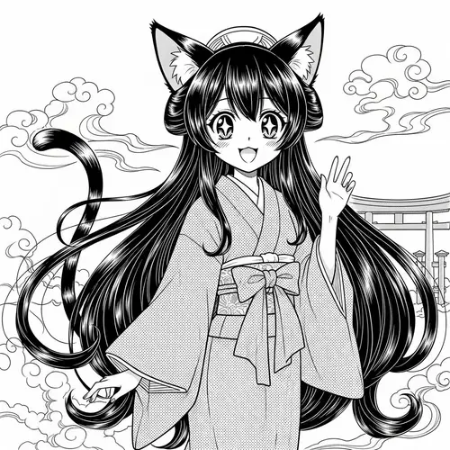 Black and White Manga-Style Catgirl Drawing