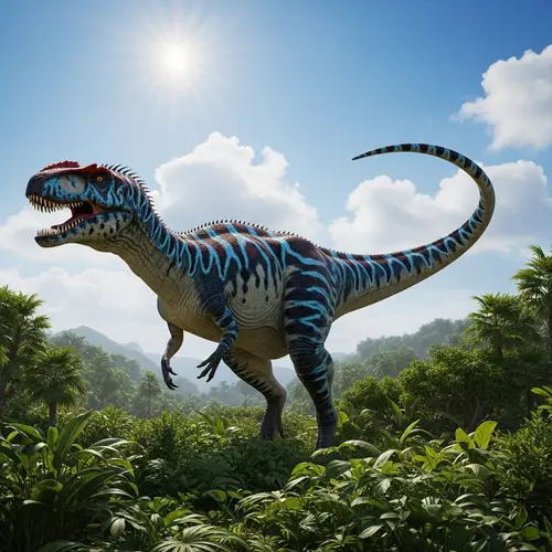 Jurassic Era Dinosaur Scene with Lush Vegetation and Bright Sky