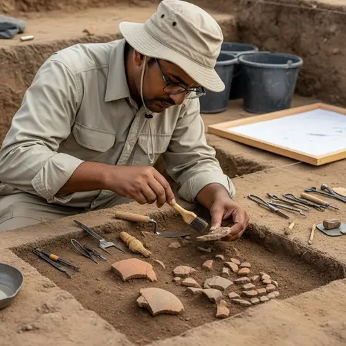 Experienced South Asian Male Archaeologist Unearthing Artifacts