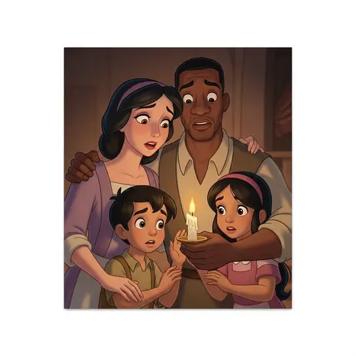 Worried Disney-Style Family with Candle | Urgent Familial Scene