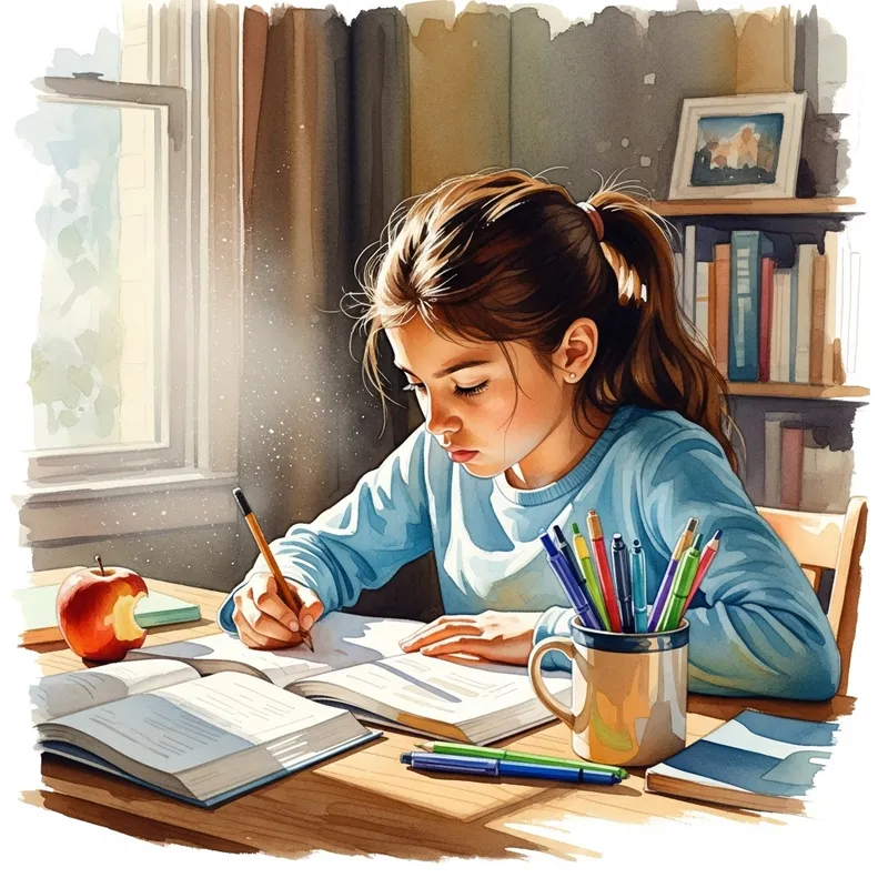 10-Year-Old Hispanic Girl Doing Schoolwork - Watercolor Art