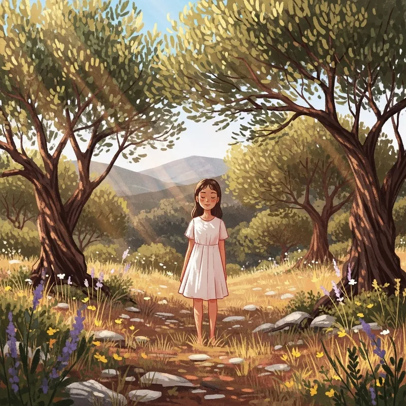 Serene Girl in Mediterranean Forest | Digital Art