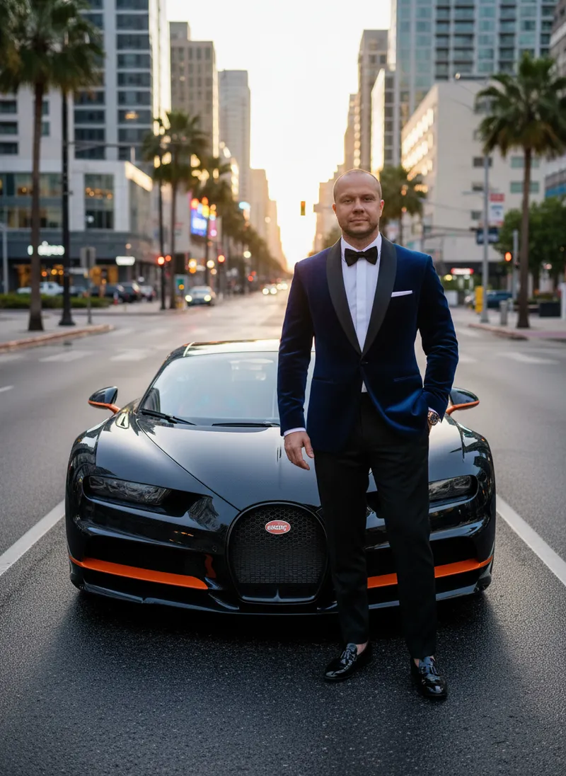 Confident Model by Luxury Bugatti Sports Car Confident Model by Luxury Bugatti Sports Car