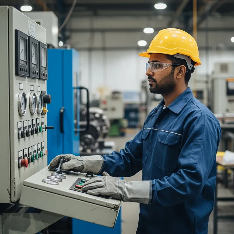 Concentrated Male Factory Worker Operating Machinery