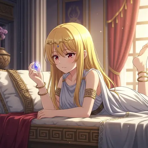 Serene Little Girl in Greek Toga with Jewel on Regal Bed