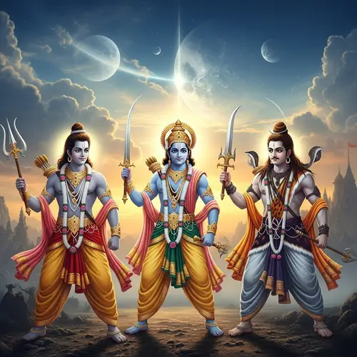 Divine Figures in Mythological Battle - Lord Ram, Krishna, and Mahadev