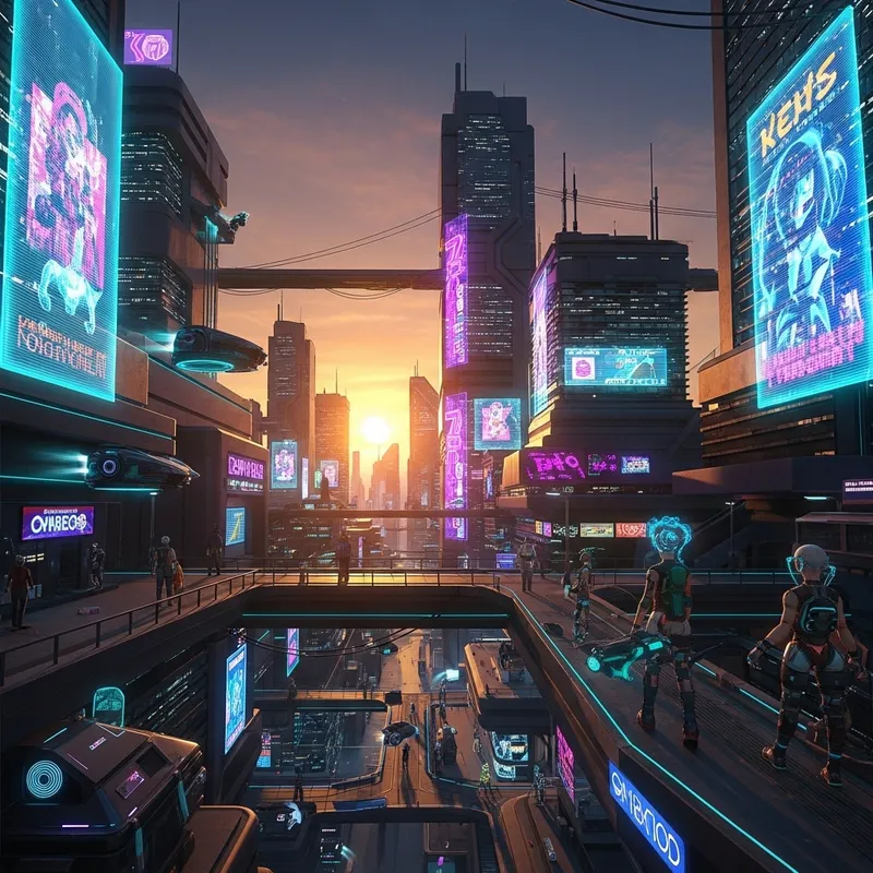 Futuristic Cyberpunk Cityscape at Sunset - Neon Lights & Advanced Tech