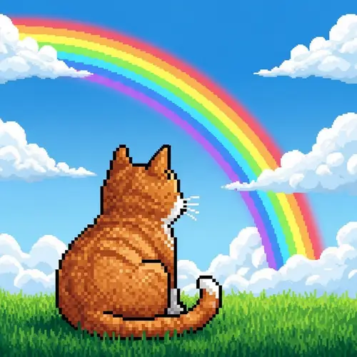 Pixelated Cat Under a Rainbow - Charming Scene