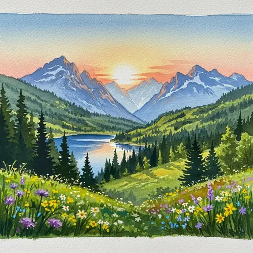 Watercolor Landscape Painting on Textured Paper: Mountains, Lake & Forests
