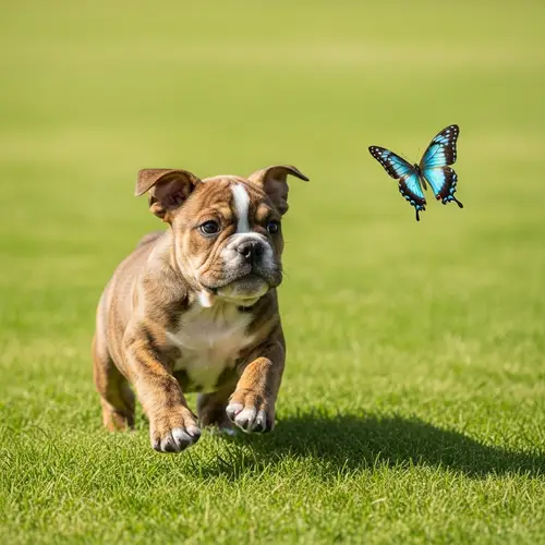 Baby Bulldog Chasing Butterfly on Sunny Day