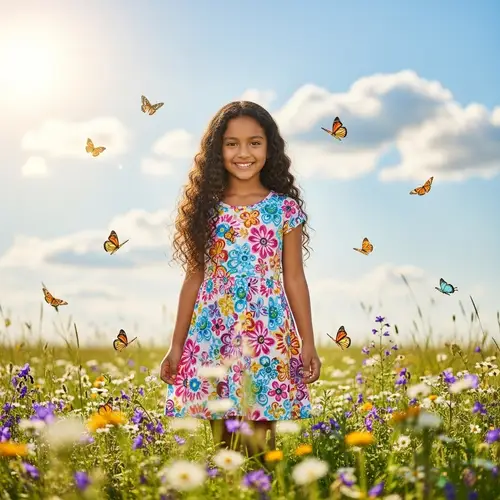 Stunning Hispanic Girl in Colorful Summer Dress Among Wildflowers
