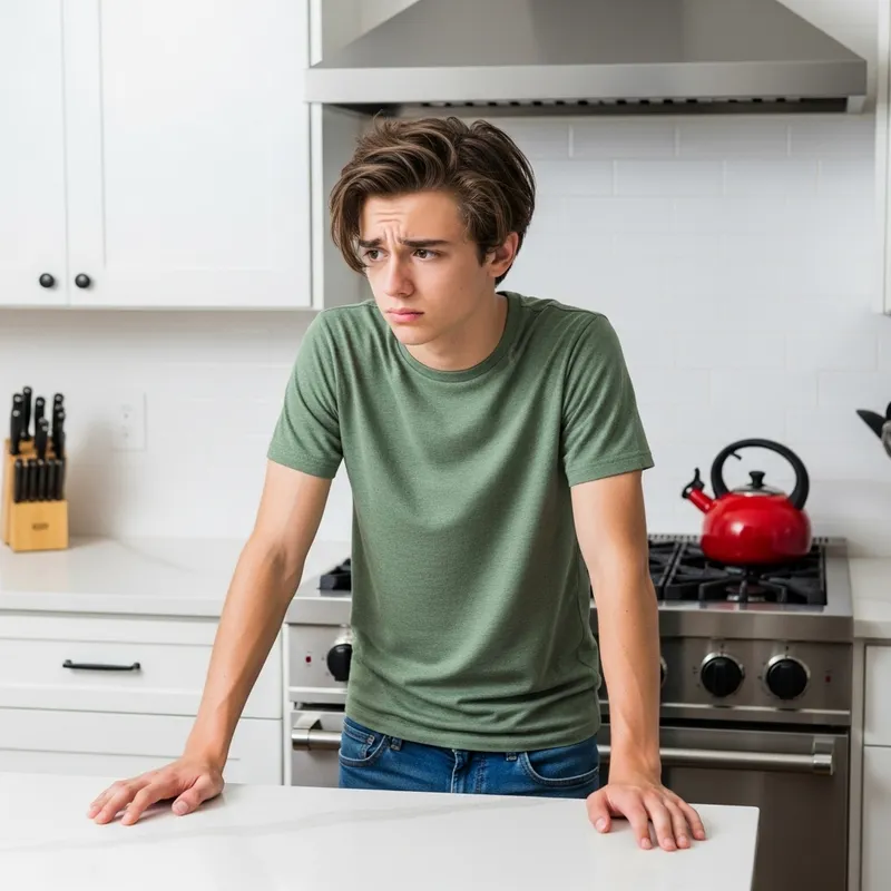 Anxious Teenage Boy in Modern Kitchen | Tense Moment Anxious Teenage Boy in Modern Kitchen | Tense Moment