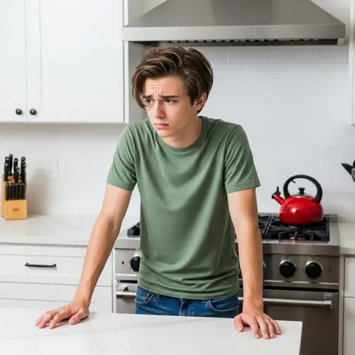 Anxious Teenage Boy in Modern Kitchen | Personal Problems