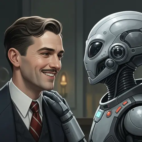 Man Smiling at Extraterrestrial Being - Unexpected Bonding Moment