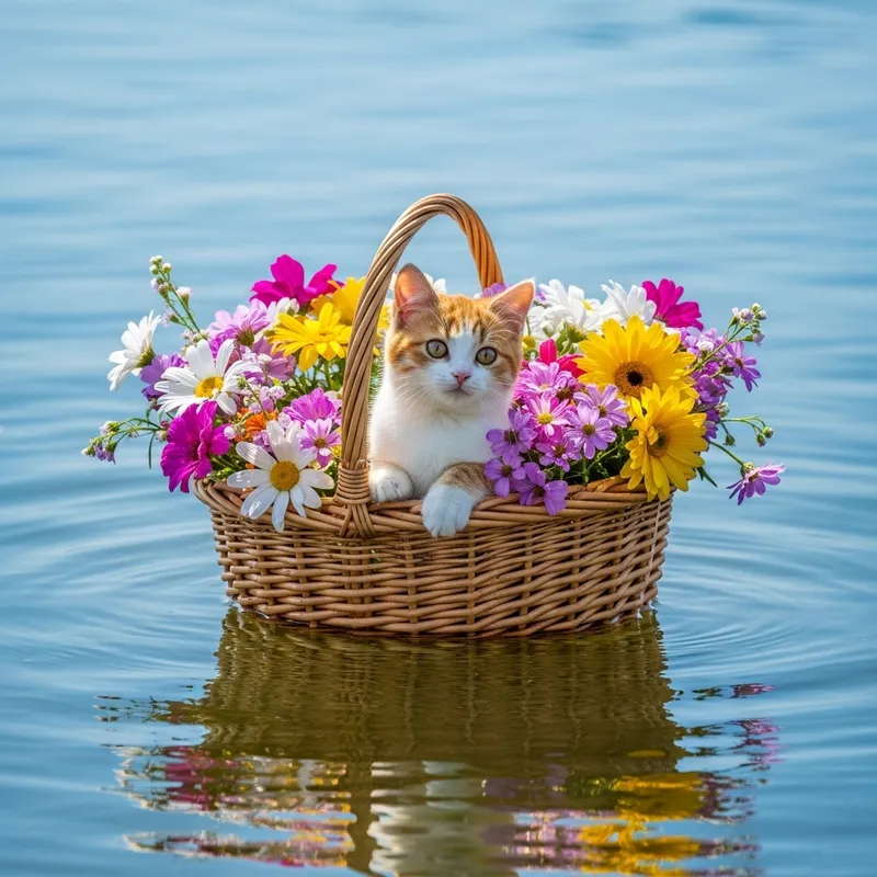 Cat in Flower Basket on Lake - Serene and Floral Scene