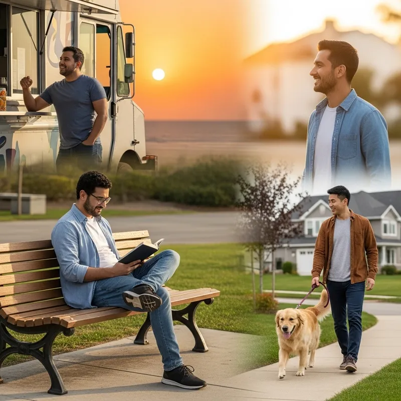 Men Sitting, Standing, Walking Outdoors Scene