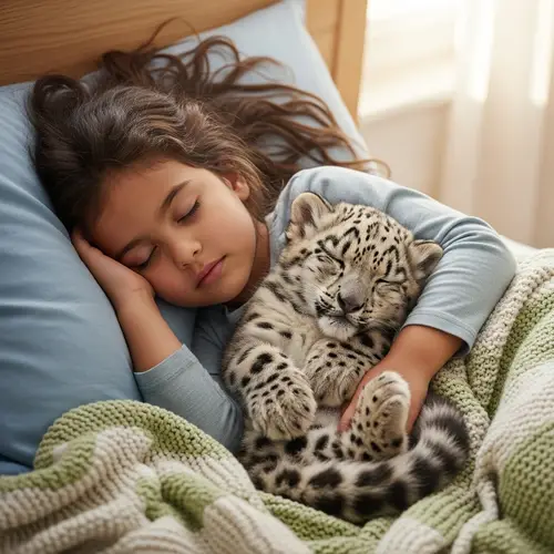 Peaceful Nap: Young Girl Cuddling Sleeping Baby Snow Leopard