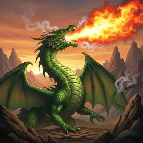 Majestic Green Dragon Breathing Fire in Mountainous Sunset