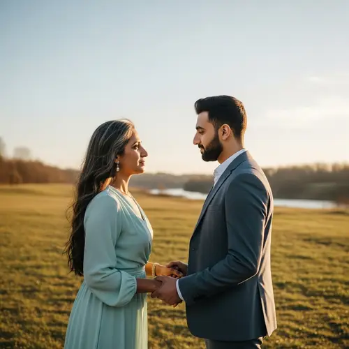 Romantic Couple Connection in Grassy Field Portrait