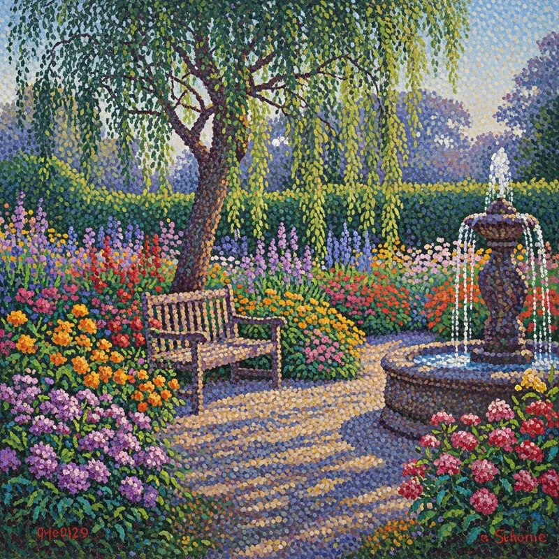 Sunlit Pointilism Art Garden Painting