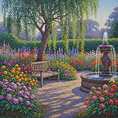 Sunlit Garden Pointillist Oil Painting