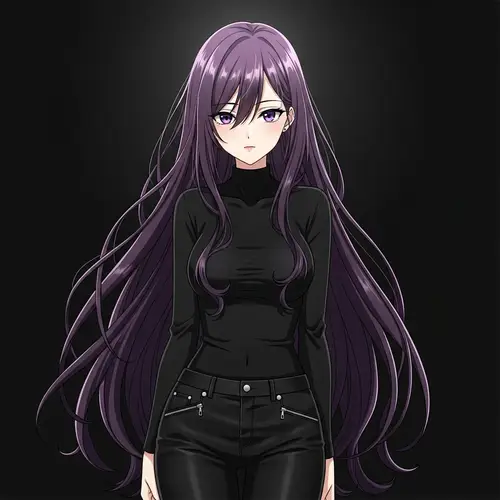 Dark Purple Hair Anime Girl in Black Outfit