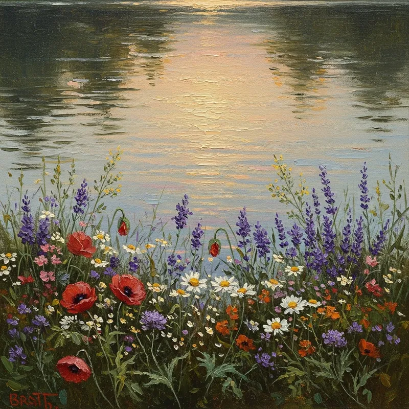 Vintage Oil Painted Portrait of Flowers and Lake with Tranquil Ambiance Vintage Oil Painted Portrait of Flowers and Lake with Tranquil Ambiance