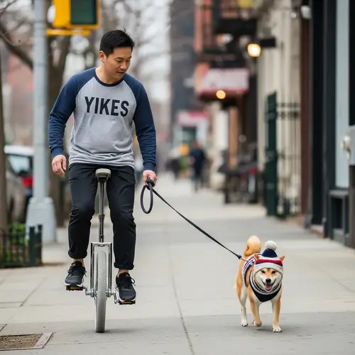 Yikes Man Riding Unicycle with Shiba Inu in Brooklyn