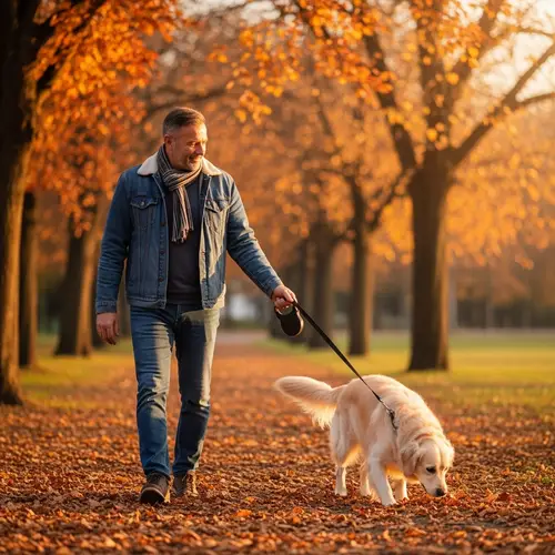 Fall Park Stroll: Man & Golden Retriever Enjoying Autumn