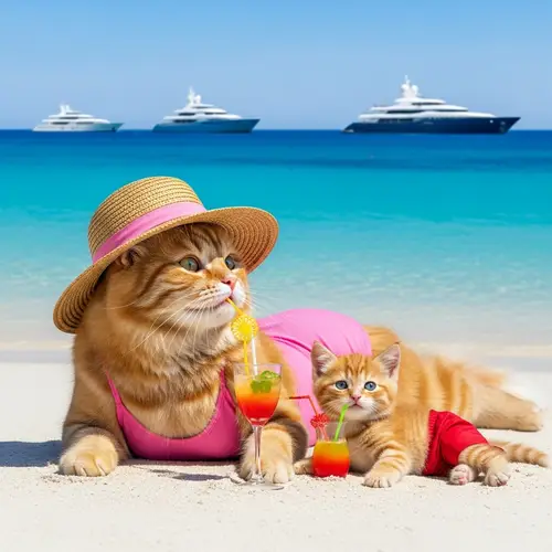 Adorable Ginger Cat and Kitten Enjoying Beach Vacation