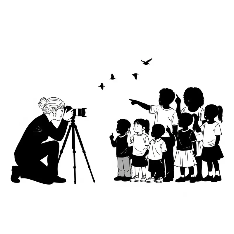 Black and White Silhouette of Female Photographer with Children